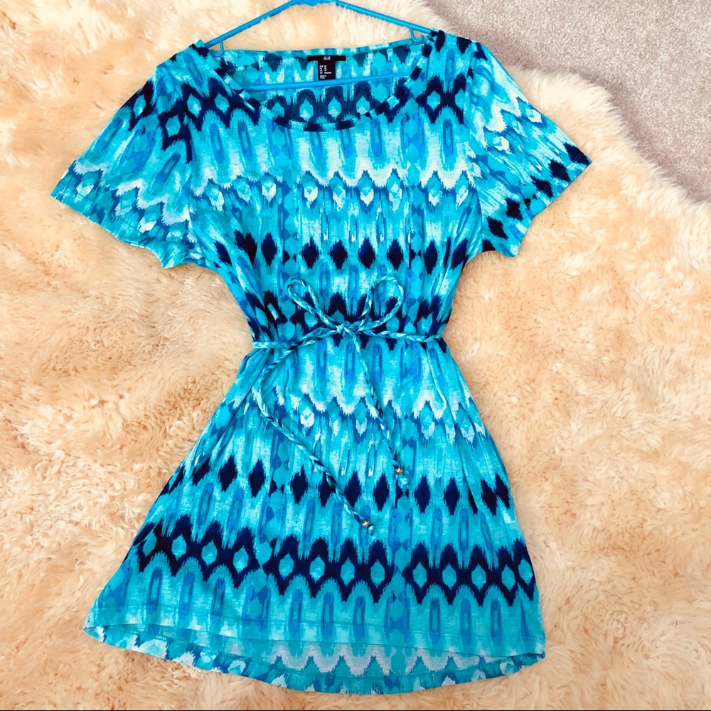 H&M aqua blue aztec tiedye print pattern cotton summer drawstring dress